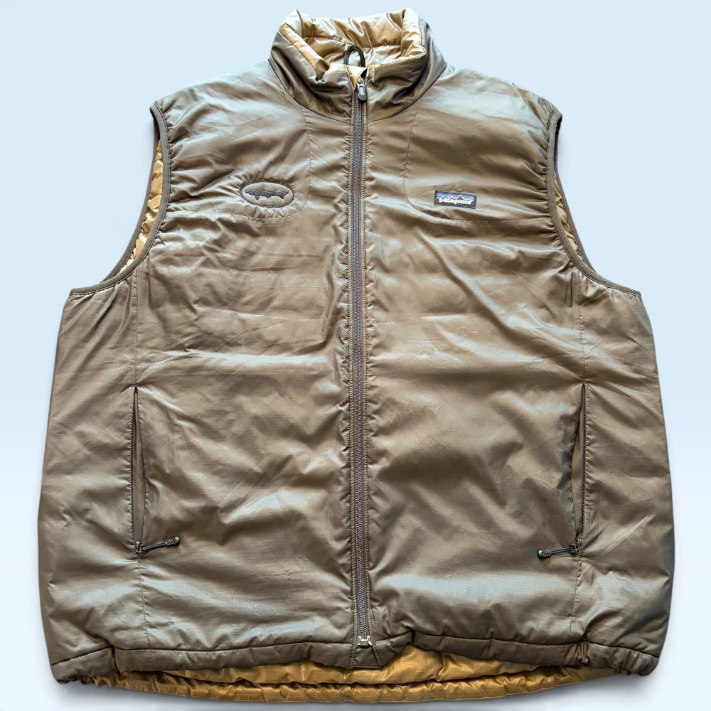 Patagonia Vest Mens XL Brown Puffer Insulated Full Zip Dogfish Head Beer Logo